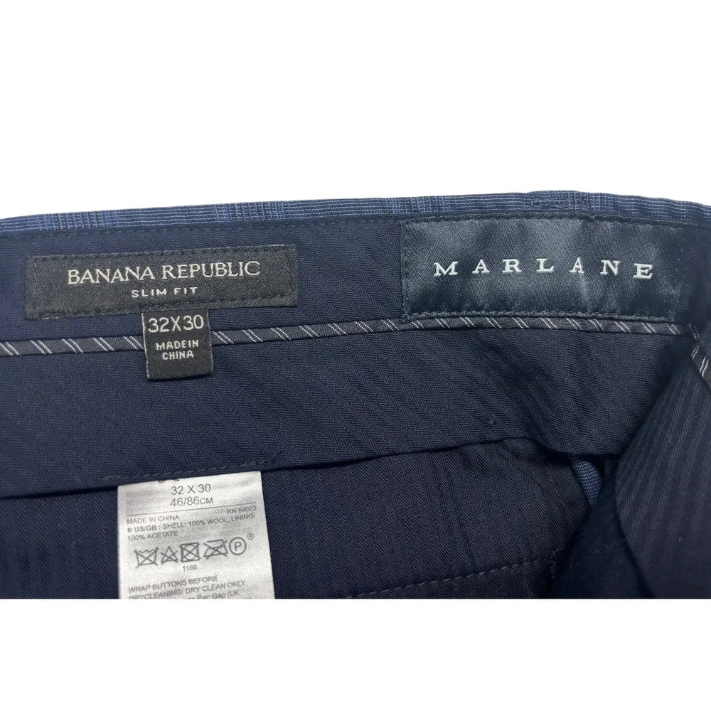 Banana Republic 32x30 Navy Blue Plaid Dress Pants Trousers Marlane Wool Slim Fit